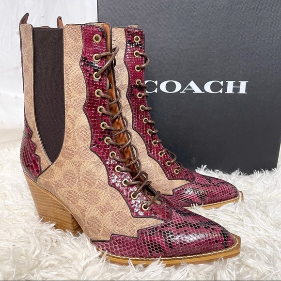 Coach Shoes - Coach Lace Up Signature Canvas & Snakeskin Boots